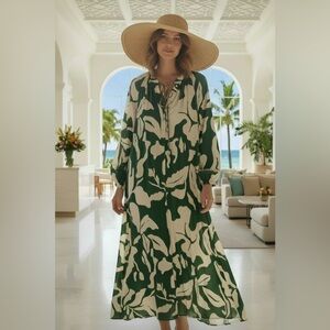 RESORT MAXI DRESS H&M GREEN AND WHITE